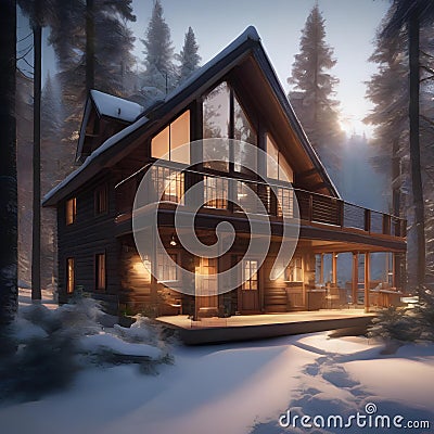 A serene cabin in a snowy forest with a warm, inviting glow2 Stock Photo