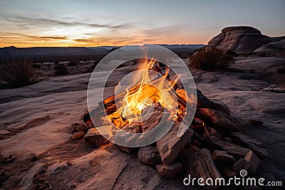 Serene Campfire Amidst Vast Rocky Desert Landscape At Golden Hour By Sunset - Generative AI Stock Photo