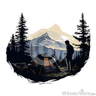 Serene Camping in Black and White Mountain Silhouette AI Generated Cartoon Illustration