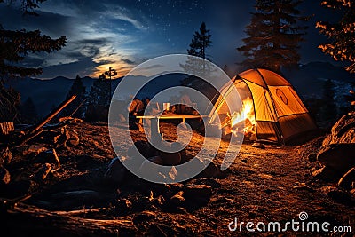 Serene camping scene at night, where a warm and inviting campfire flickers under a sky filled with countless twinkling stars. Ai Stock Photo