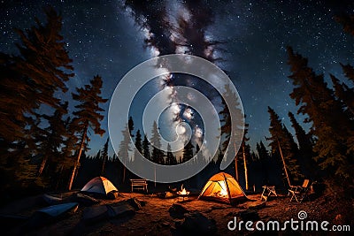 A serene campsite in the woods with a crackling campfire and a starry night sky overhead. Stock Photo