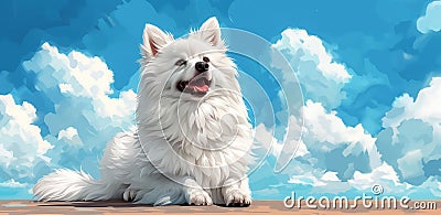 A serene canine figure against a pastel sky, white spitz, embodiment of gentle beauty Stock Photo