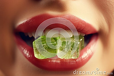 Serene CBD moment: close-up of a woman's mouth with a gelatin candy, a momentary escape into herbal tranquility Stock Photo