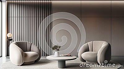 In the serene confines of a modern minimalist living room, two chic grey lounge chairs and a round coffee table, AI generated Stock Photo