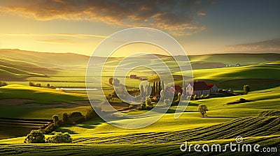 A serene countryside morning unfolds as diligent farmers engage in the field. Stock Photo