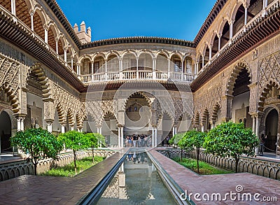 Courtyard of the Royal AlcÃ¡zar of Seville, Spain Editorial Stock Photo