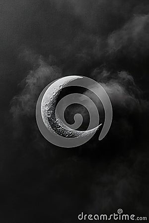A serene crescent moon floats through soft, abstract cloud-like textures, creating a tranquil atmosphere perfect for Stock Photo