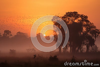 Serene dawn: golden sky, silhouetted trees, soft mist., generative IA Stock Photo