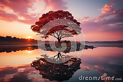 Serene dawn reflecting in quiet waters and silhouetted trees., generative IA Stock Photo