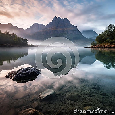 Serene Dawn Reflections on Mountain Lake Stock Photo