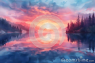 Serene Dawn Reflections in Watercolor Hues. Concept Nature's Beauty, Watercolor Painting, Tranquil Stock Photo