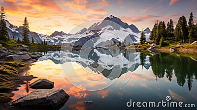 Serene Dawn Unfolding Over an Alpine Landscape with a Crystal-clear Mountain Lake Stock Photo