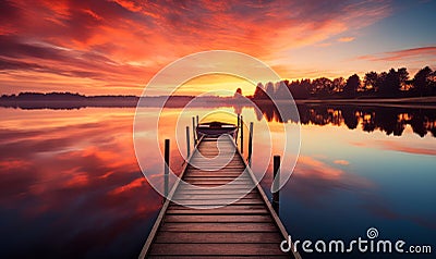Serene Dawn with a Wooden Pier Extending into a Calm Lake with a Moored Boat Under a Vivid Orange Sky Reflecting in the Still Stock Photo