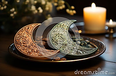 Serene display of crescent moons paired with delightful sweets on circular dishes, eid and ramadan images Stock Photo