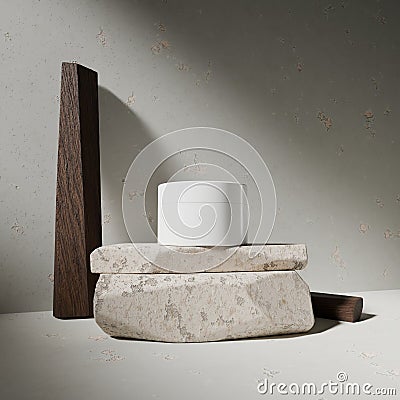 Serene display of minimalist design showcases textured stone and wooden elements, creating a harmonious composition in soft, Stock Photo