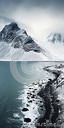 Serene Dystopian Landscapes: Snowy Mountains And Ocean Surrounding A Rocky Place Stock Photo