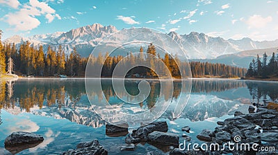 Serene early autumn morning at high tatra lake mountain glow, pine trees, and sky reflections Stock Photo