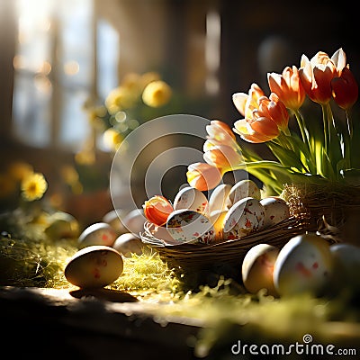 Easter Morning: Sunlit Tulips and Painted Eggs Stock Photo