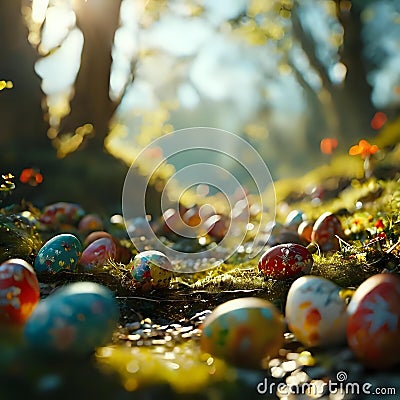 Easter Morning: Sunlit Tulips and Painted Eggs Stock Photo