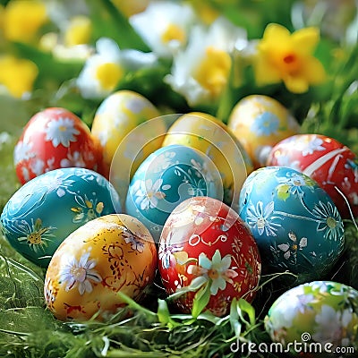 Easter Morning: Sunlit Tulips and Painted Eggs Stock Photo