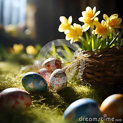 Easter Morning: Sunlit Tulips and Painted Eggs Stock Photo