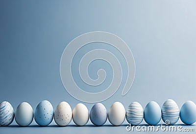 A serene Easter background featuring delicately painted eggs with a white and blue palette, ideal for festive holiday designs Stock Photo