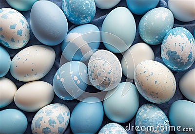 A serene Easter background featuring delicately painted eggs with a white and blue palette, ideal for festive holiday designs Stock Photo