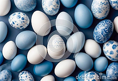 A serene Easter background featuring delicately painted eggs with a white and blue palette, ideal for festive holiday designs Stock Photo