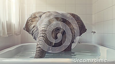 Serene elephant submerged in water, taking a bath in a classic bathroom Stock Photo