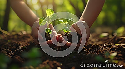 In the serene embrace of a nature park, a child's hands lovingly cradle tender young plants. Stock Photo