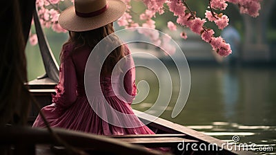 Ephemeral Spring Moments Lady Amidst Cherry Blossoms Stock Photo