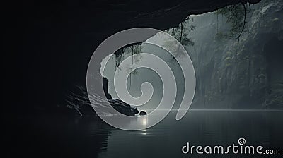 Moody Monotone: Serene Cave With Floating Tree In Calm Lake Stock Photo