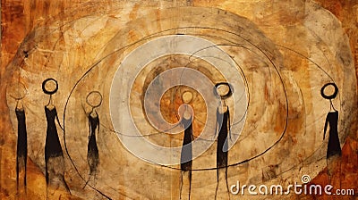 Serene Faces And Human Connections: Abstract Painting Of Four People And A Ring In Sepia Tone Stock Photo