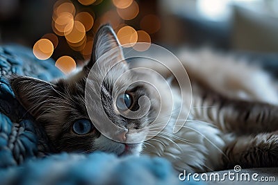 Serene Feline: A Cozy Kitten Basks in Calming Blue Light on a So Stock Photo