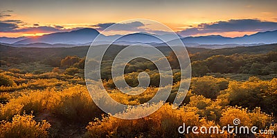 A serene flatland with scattered bushes glows in the setting sun's rays. Majestic hills on the distant horizon Stock Photo