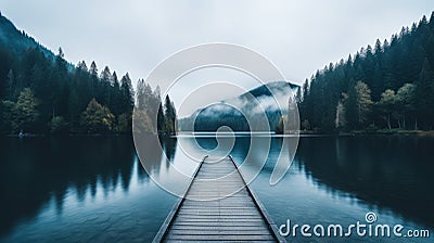 Serene Foggy Dock Over Lake Stock Photo