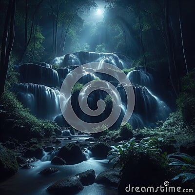 Cascading waterfall in forest, illuminated by the glow of the distant moon light Stock Photo