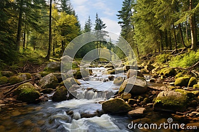 Serene forest oasis Autumn stream, pine trees, and sunny nature Stock Photo