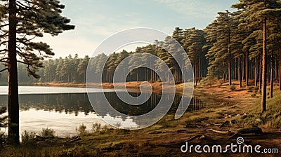 Pine Forest With Lake: A Photorealistic 3d Model Inspired By Philip Mckay Stock Photo