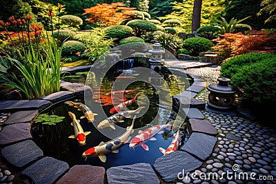 A serene garden oasis with a pond teeming with colorful koi fish, offering a peaceful retreat in the heart of nature, A tranquil Stock Photo