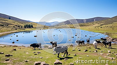 Serene Herd of Cows Grazing on Immaculate Alpine Meadows on a Blissful and Radiant Sunny Morning Stock Photo