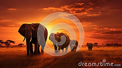 A serene herd of elephants grazing in the golden savannah at sunrise Stock Photo