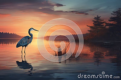 Serene Heron lake sunset. Generate Ai Stock Photo