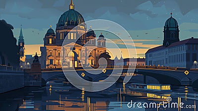 Berlin Cathedral (Berliner Dom) as seen from the Spree River. Cartoon Illustration