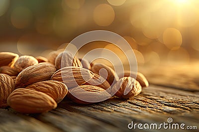 A serene image capturing raw almonds basked in the warm, golden light of the setting sun. Generative AI Stock Photo