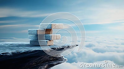 A serene image depicting stacked blocks balanced on a cliff above the clouds, symbolizing dreams and aspirations Stock Photo
