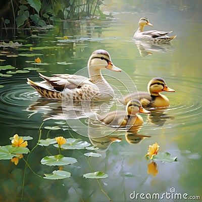 serene image of a family of ducks gliding across a calm pond, their reflection mirroring their tranquility by AI generated Stock Photo