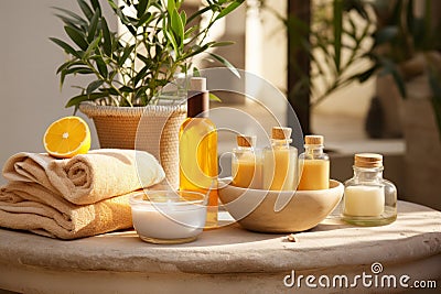 A serene image of a spa setting with curcuma-infused beauty products, highlighting its use in skincare. Generative Ai Stock Photo