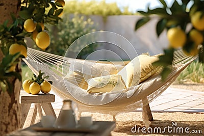 A serene image of a tranquil outdoor setting, featuring a hammock under a lemon tree with a glass of lemonade on a side table, Stock Photo