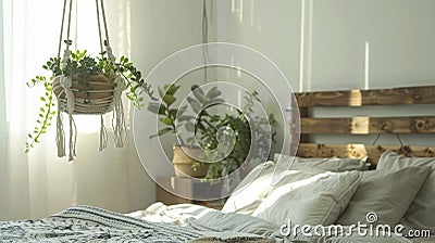 A serene and inviting bedroom featuring a beautiful hanging macrame planter filled with lush succulents adding a touch Stock Photo